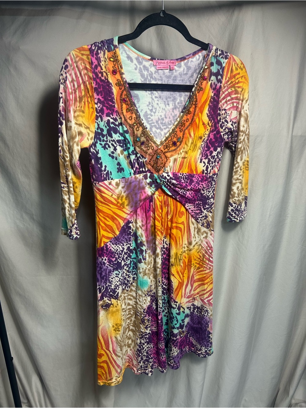 Multicolored Joyus & Free Cheetah Print Summer Beaded Neckline Dress Sz XS